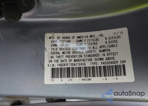 2016 Honda Accord Ex z USA, uszkodzony, nr VIN 1HGCR2F72GA075906